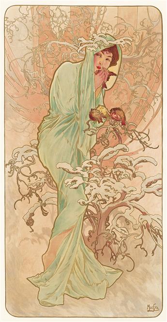 ALPHONSE MUCHA (1860-1939).  [THE SEASONS]. Group of 4 decorative panels. 1896. Each approximately 41x21½ inches, 104x51½ cm. [F. Champ